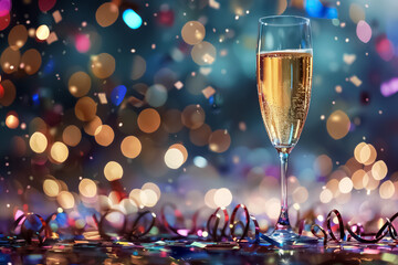 Glass of champagne on table with gold confetti and bokeh lights, New years eve celebration background.