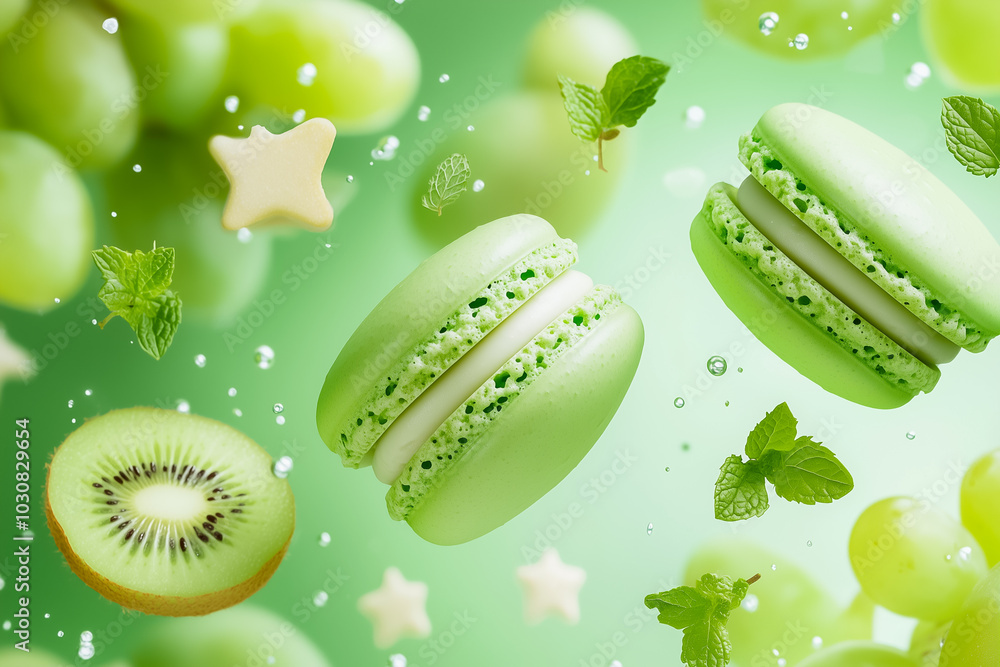 Poster petite matcha macarons are showcased with fresh kiwi slices and green grapes, all set against a live