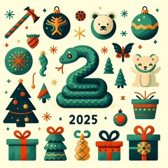 New Year's poster 2025 with the symbol of the year and New Year's decorations, stickers