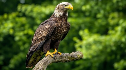 Obraz premium Majestic eagle perched on a branch, showcasing its stunning plumage in a lush green environment.