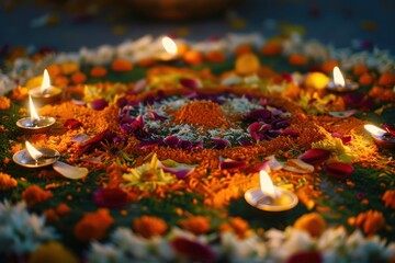 Vibrant Deepavali Rangoli with Petals and Lamps for Traditional Festive Decor