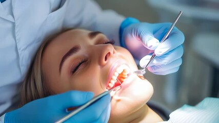 Woman at dentist appointment undergoing examination with close-up of dental instruments, animation for dental marketing and patient education