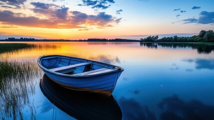 Serene Sunset Lake with Rowboat Tranquil Water Golden Sky Calm Landscape