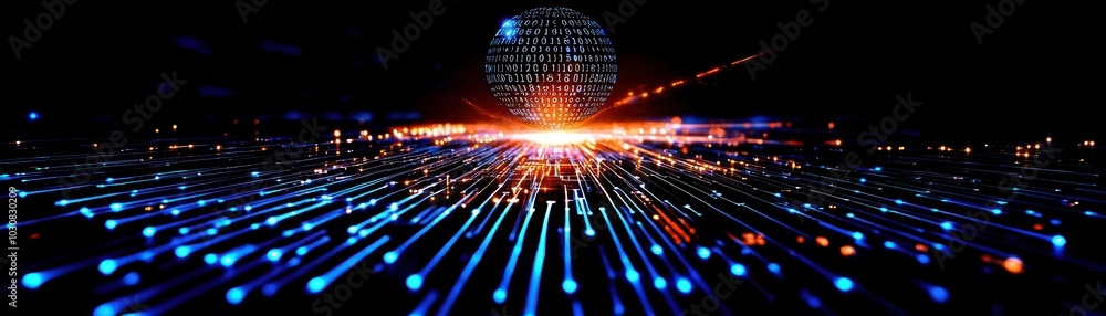 Poster abstract digital landscape with glowing lines and dots, futuristic visual representation.