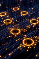 Fototapeta premium Abstract digital circuit with glowing nodes on a dark background.