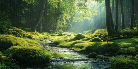 Obraz premium Serene Forest Stream with Sunlight and Lush Greenery