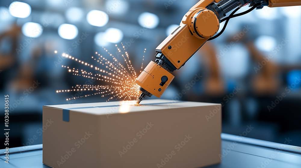 Poster automated robotic arm performing precision work on cardboard box, showcasing sparks and advanced tec