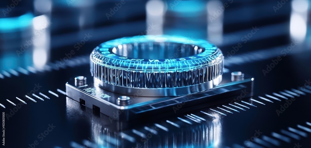 Aufkleber advanced digital technology concept with glowing circular element on dark background.