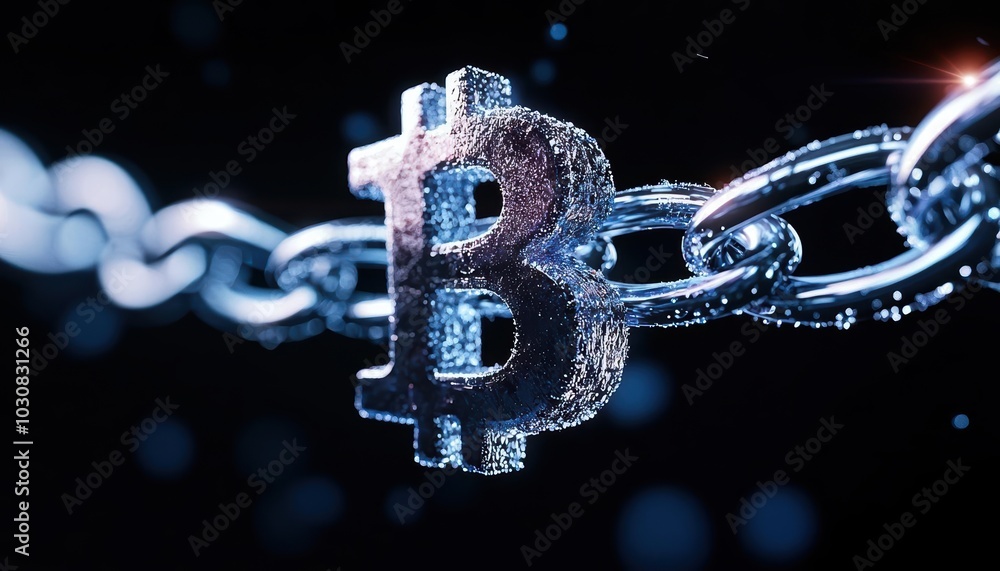 Poster bitcoin symbol linked with chain, representing cryptocurrency technology.