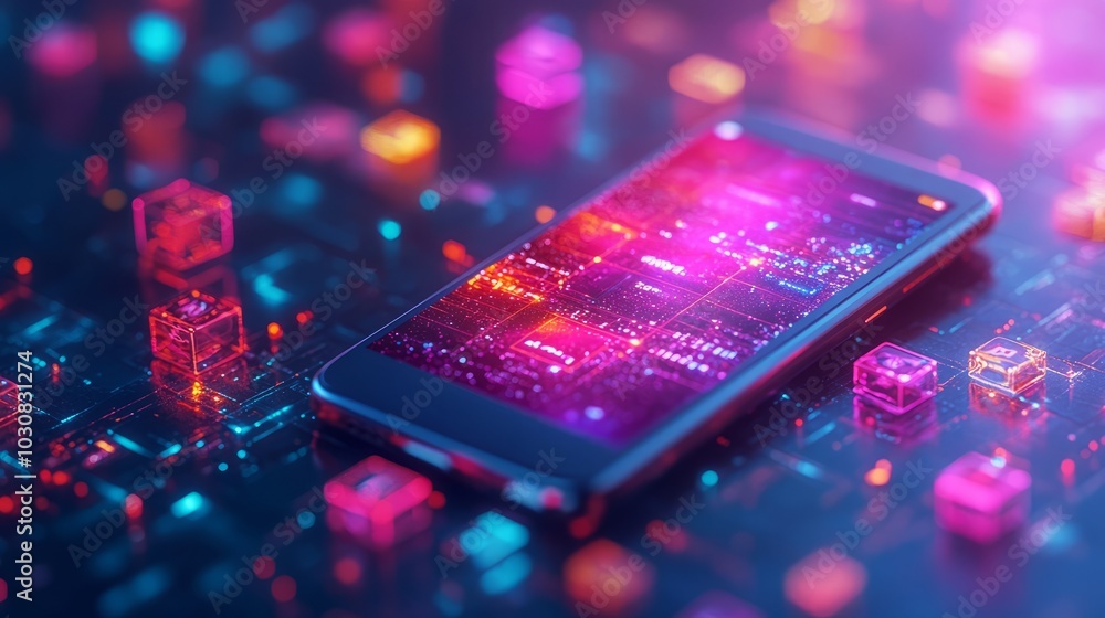 Poster a smartphone displaying vibrant digital graphics on a futuristic background.
