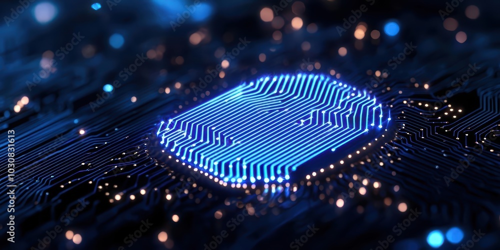 Poster close-up of a blue microchip on a circuit board with glowing elements.