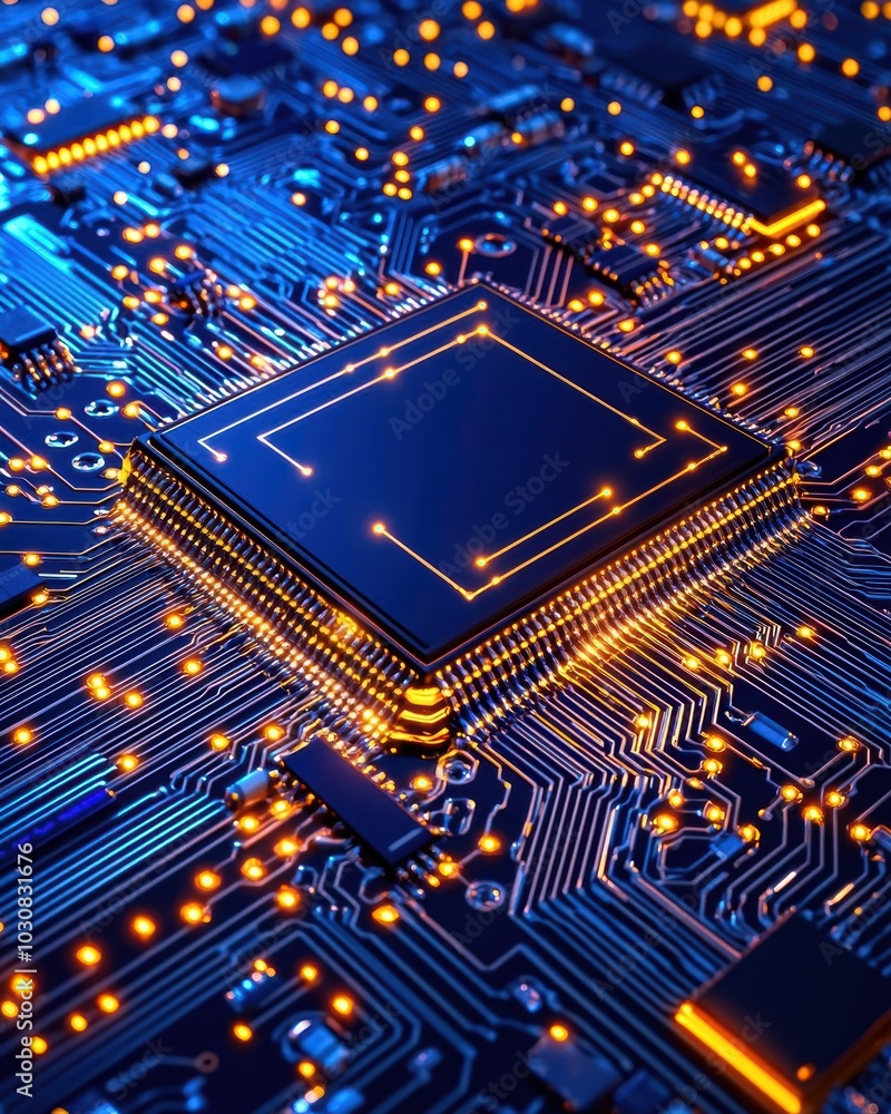 Poster close-up of a circuit board with glowing lights and a central processing unit.