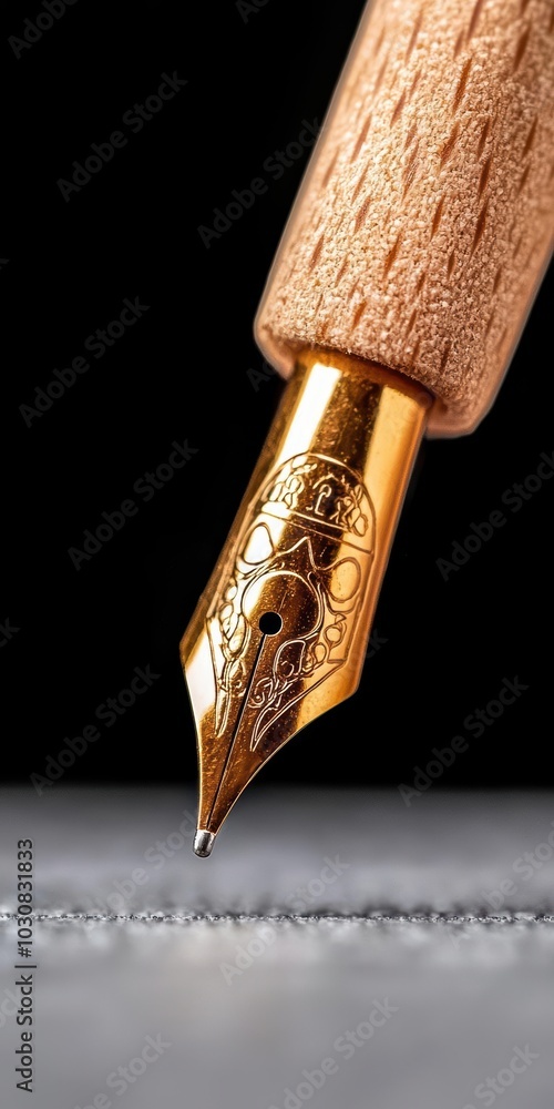 Poster close-up of a fountain pen nib ready to write on paper.