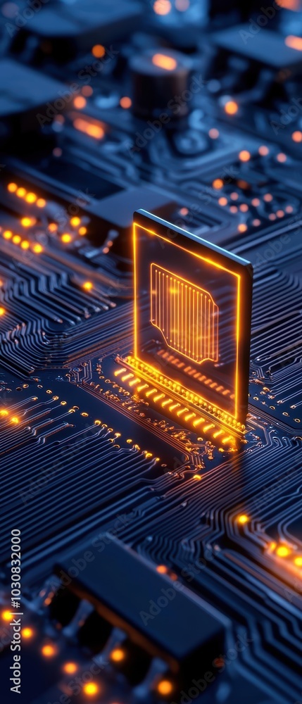 Poster close-up of a futuristic circuit board with glowing microchip.