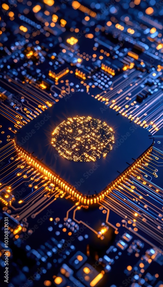 Poster close-up of a glowing microprocessor on a circuit board, intricate details visible.