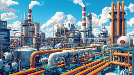 Illustration of an oil refinery's exterior, showcasing a maze of pipes and ducts against a backdrop of industrial buildings and smokestacks. Chemical plant, factory, industrial scene. High resolution