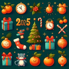 New Year 2025 poster with Christmas tree and New Year decorations, stickers for Christmas and New Year 

