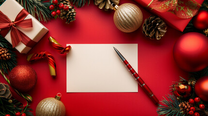 Top view of a Christmas greeting card A4 white paper framed with ornaments on a red background.