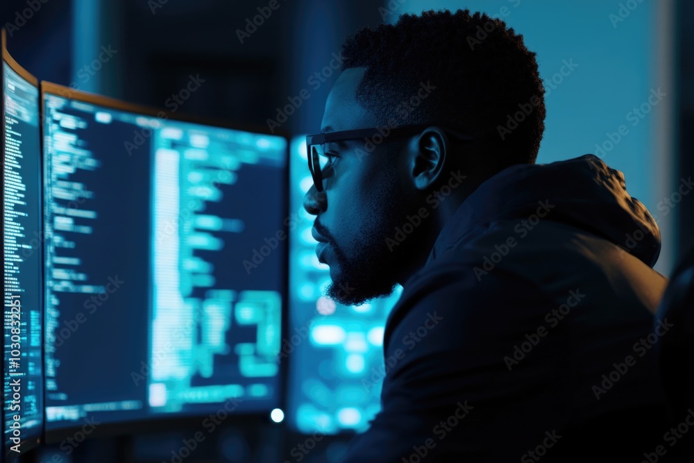 Poster man working on computers