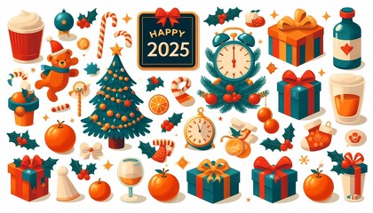 Fototapeta premium New Year 2025 poster with Christmas tree and New Year decorations, stickers for Christmas and New Year