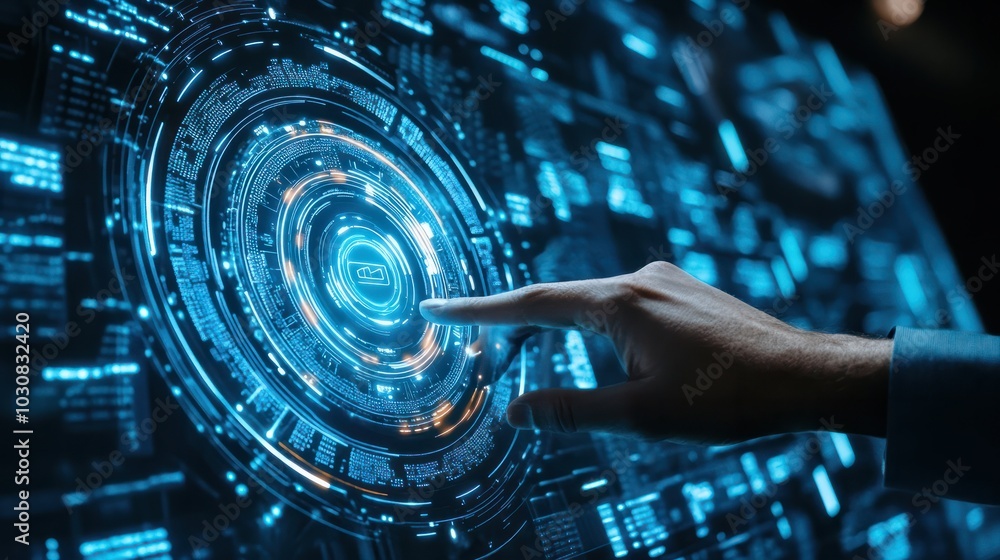 Poster hand of businessman touching glowing futuristic circular hologram screen with hi-tech artificial int