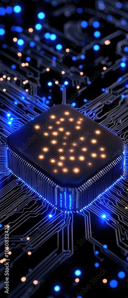 Poster close-up of a microchip with glowing lights on a circuit board, black background.