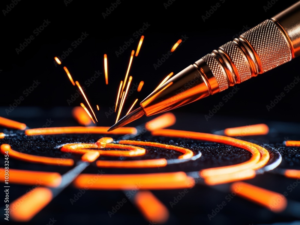 Poster close-up of a metallic pen creating spark effects on a dark surface.