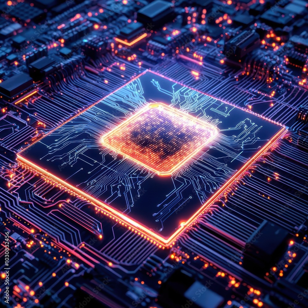 Poster close-up of a modern microprocessor on a circuit board, showcasing intricate designs.
