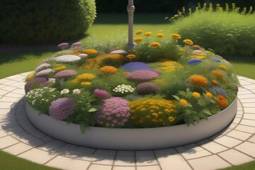 A vibrant flower bed surrounds a central fountain, creating a picturesque and serene garden scene.