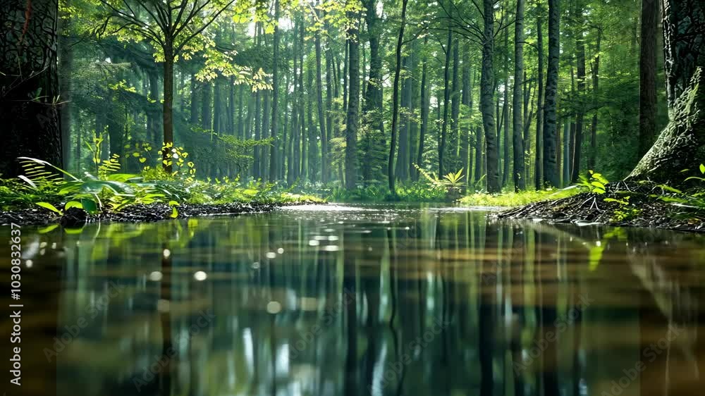 Poster sunlight filters through the leaves of a dense forest, creating a peaceful scene by a stream