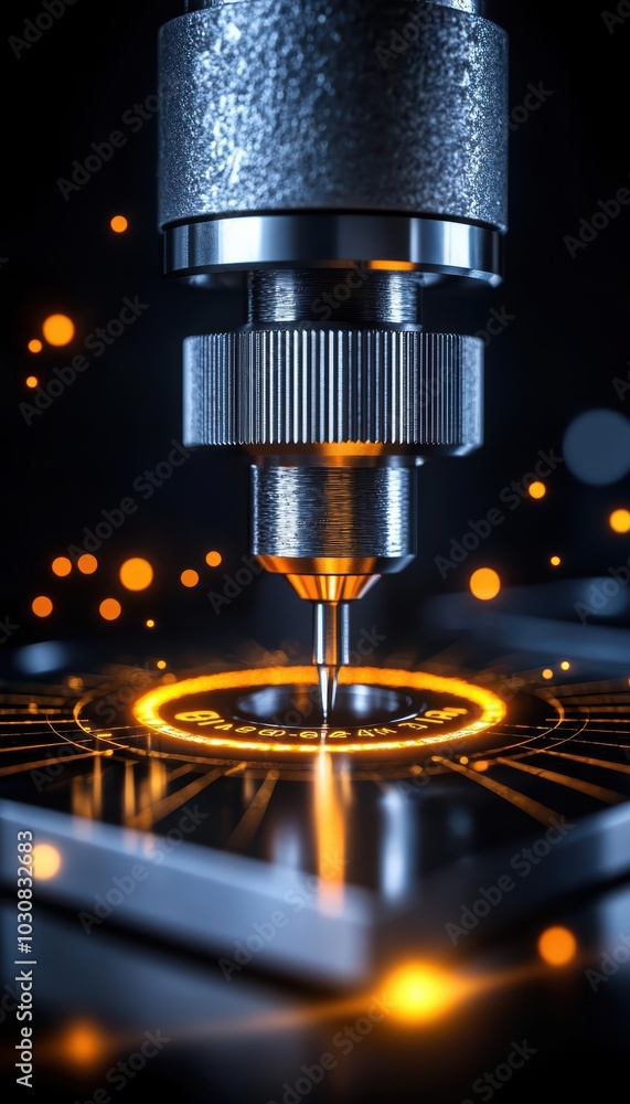 Poster close-up of a precision tool in action on a circuit board, vibrant glowing elements.