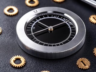 Close-up of a stylish clock surrounded by gears on a dark surface.