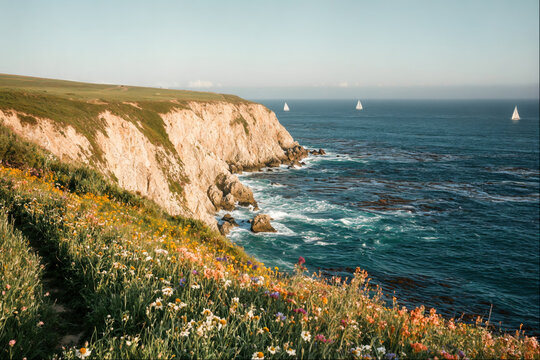 Wildflower Coastline with Sailboats and Cliffs under Blue Sky