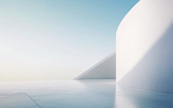a white architectural structure with a curved, undulating surface, set against a clear blue sky. The structure appears modern and minimalist.