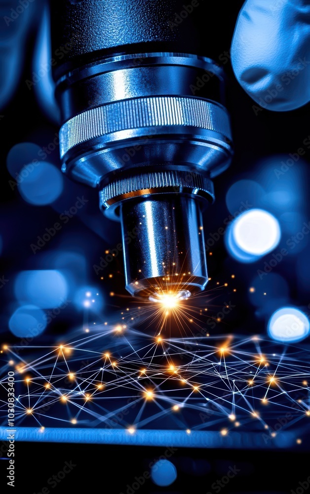 Poster close-up of microscope probing a sample with glowing connections, white isolate background