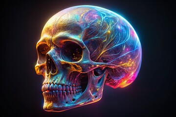 3D Holographic Human Skull Bone System on Dark Background for Fashion