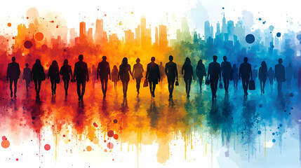 Silhouetted figures against a vibrant city skyline backdrop.