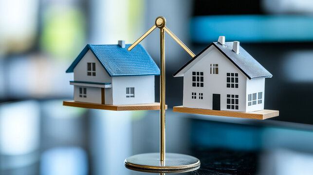 Two model houses balanced on scale illustrate concept of comparison and value in real estate. image conveys sense of balance and decision making in housing choices
