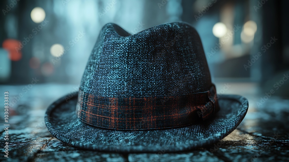 Wall mural a close-up shot of a fedora hat with a plaid band on a wooden surface with blurred lights in the bac