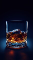 Whiskey on the Rocks in a Cut Glass Tumbler on Blue Background