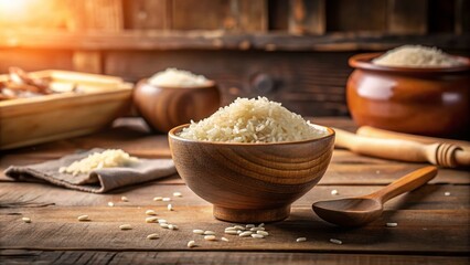 Fototapeta premium Raw Rice in Ceramic Bowl - Natural Ingredients for Healthy Cooking
