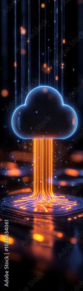 Poster digital cloud technology with glowing data streams and abstract neon lights.
