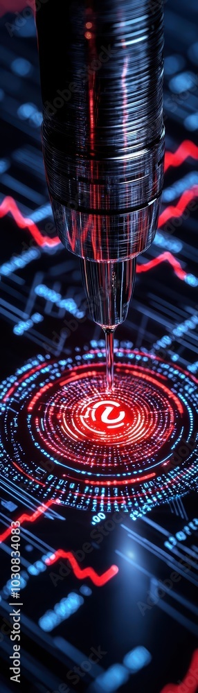 Poster digital currency symbol on futuristic interface with red graphics.