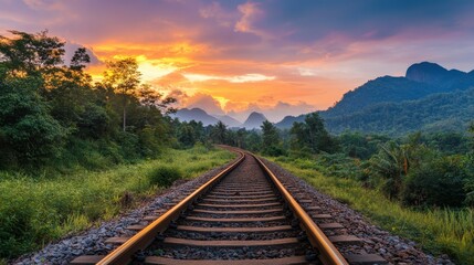 Obraz premium Scenic Sunset Railroad Tracks Through Lush Green Forest and Mountains