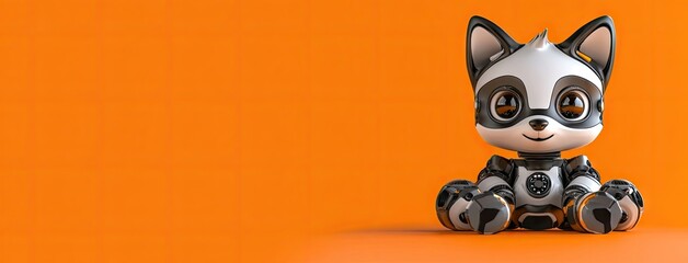 A charming baby fox robot in a cyberpunk design showcases vibrant orange and silver colors, standing confidently in a futuristic setting