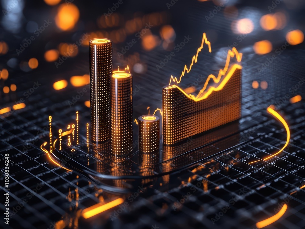 Poster dynamic financial chart with glowing elements on a digital background.