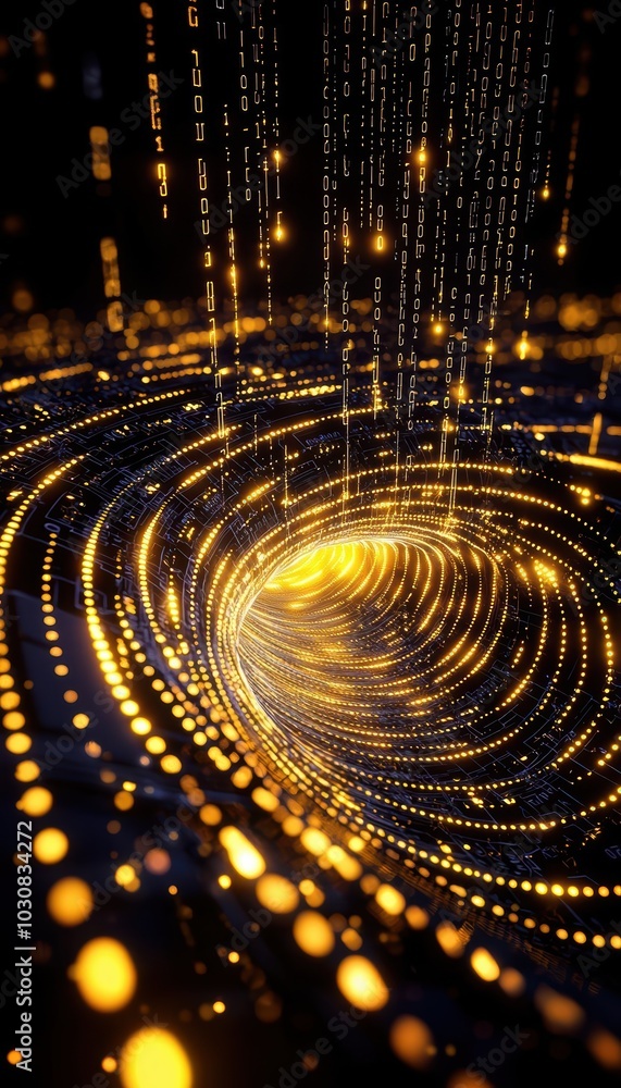Poster dynamic swirl of golden lights against a dark background, creating a mesmerizing effect.