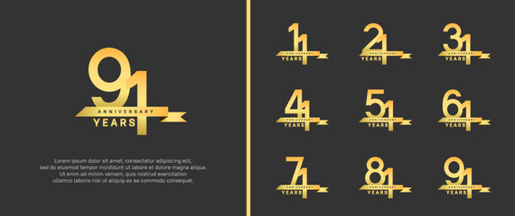 anniversary logo style set. vector design golden color with ribbon for celebration moment