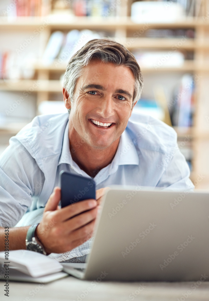 Poster phone, laptop and portrait of mature happy man for remote work, reading email and networking. freela