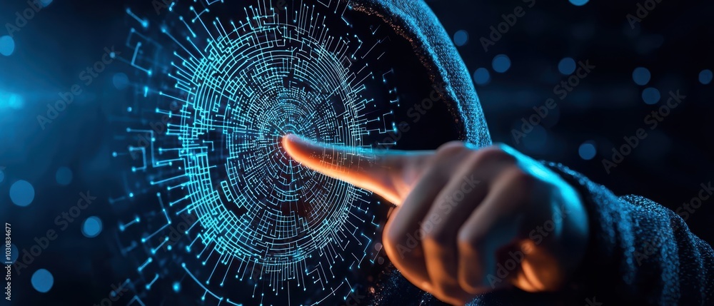 Poster finger touching digital interface with abstract data visualization, dark background